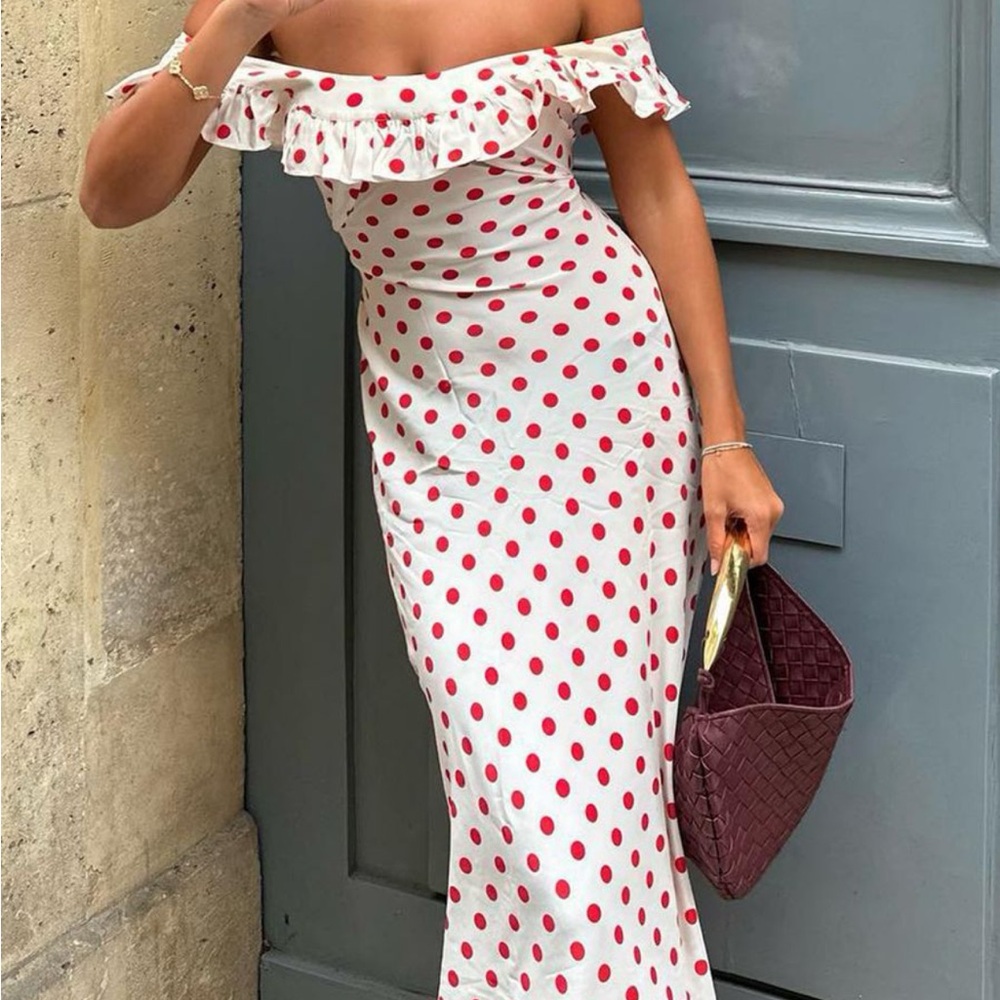 Commense Red Off-Shoulder Polka Dot Dress